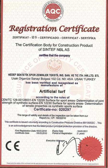 Suni Çim Kalite Belgelerimiz