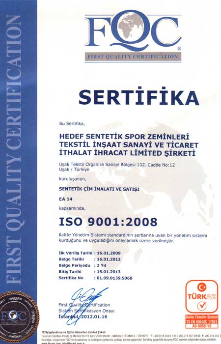 Suni Çim Kalite Belgelerimiz