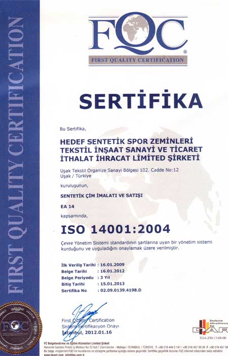 Suni Çim Kalite Belgelerimiz