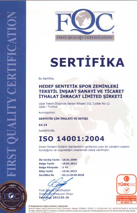 Suni Çim Kalite Belgelerimiz