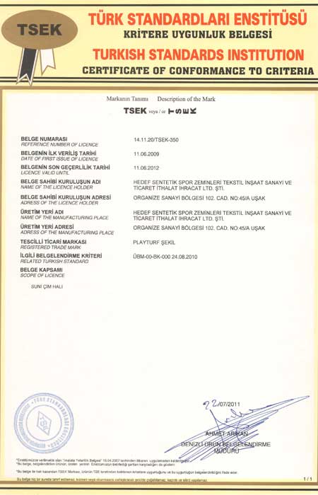 Suni Çim Kalite Belgelerimiz